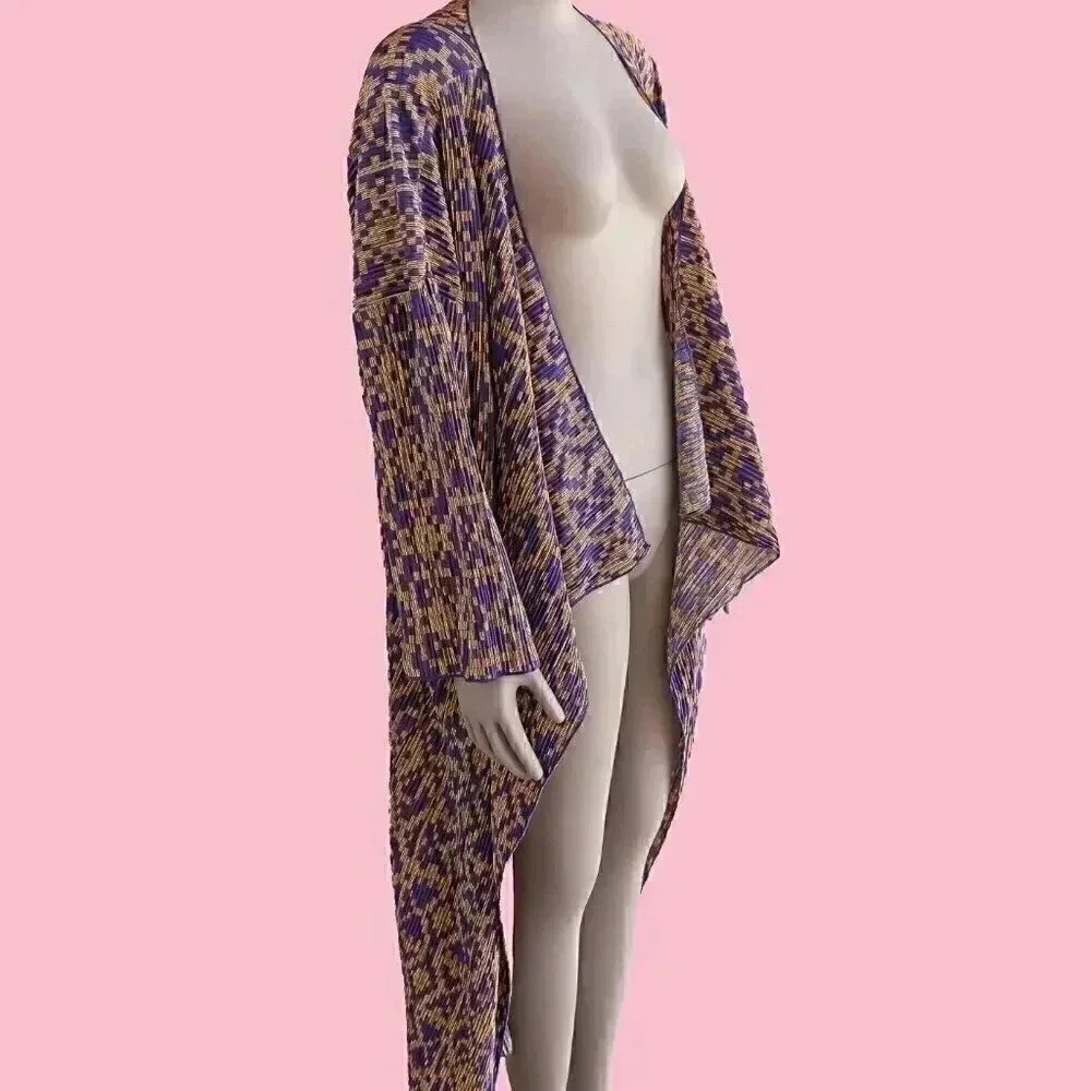 Purple & Gold Pleated Open Front Long Bikini Cover Up Size Large Pleated Top‎